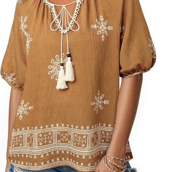 Womens Summer Boho Tops Casual V Neck Short Sleeve Blouses Floral Print Shirt Ti - Picture 2 of 7